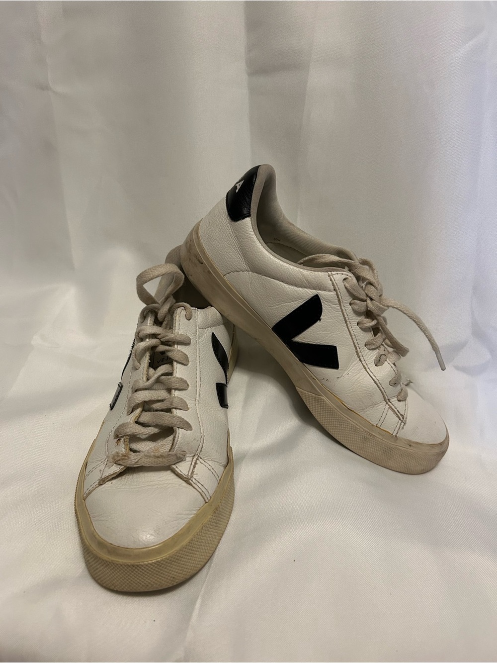 Veja White Leather Sneakers with Black V Logo - Women’s no insoles